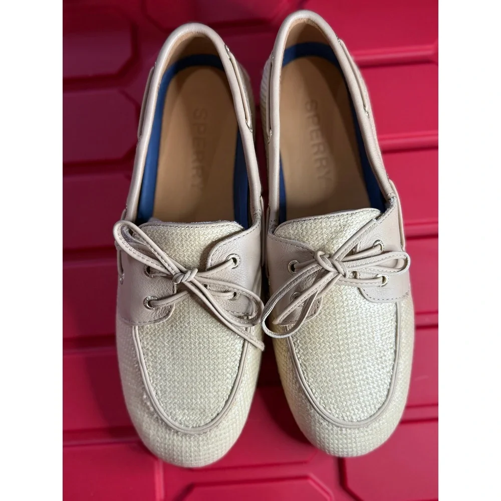 Sperry Slimboat Beige Raffia Leather Trim Boat Shoes Womens 8.5 Coastal Preppy